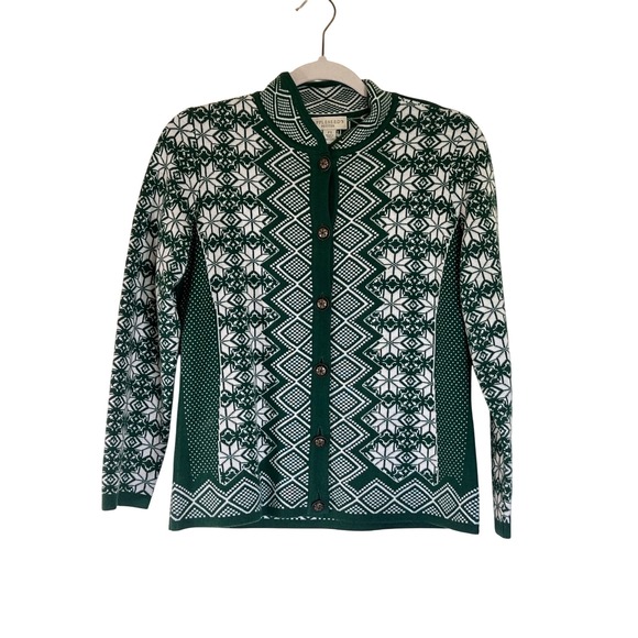 SOLD Women's Petite Appleseed's Fair Isle Cardigan Sweater Green Button Front - Picture 5 of 8